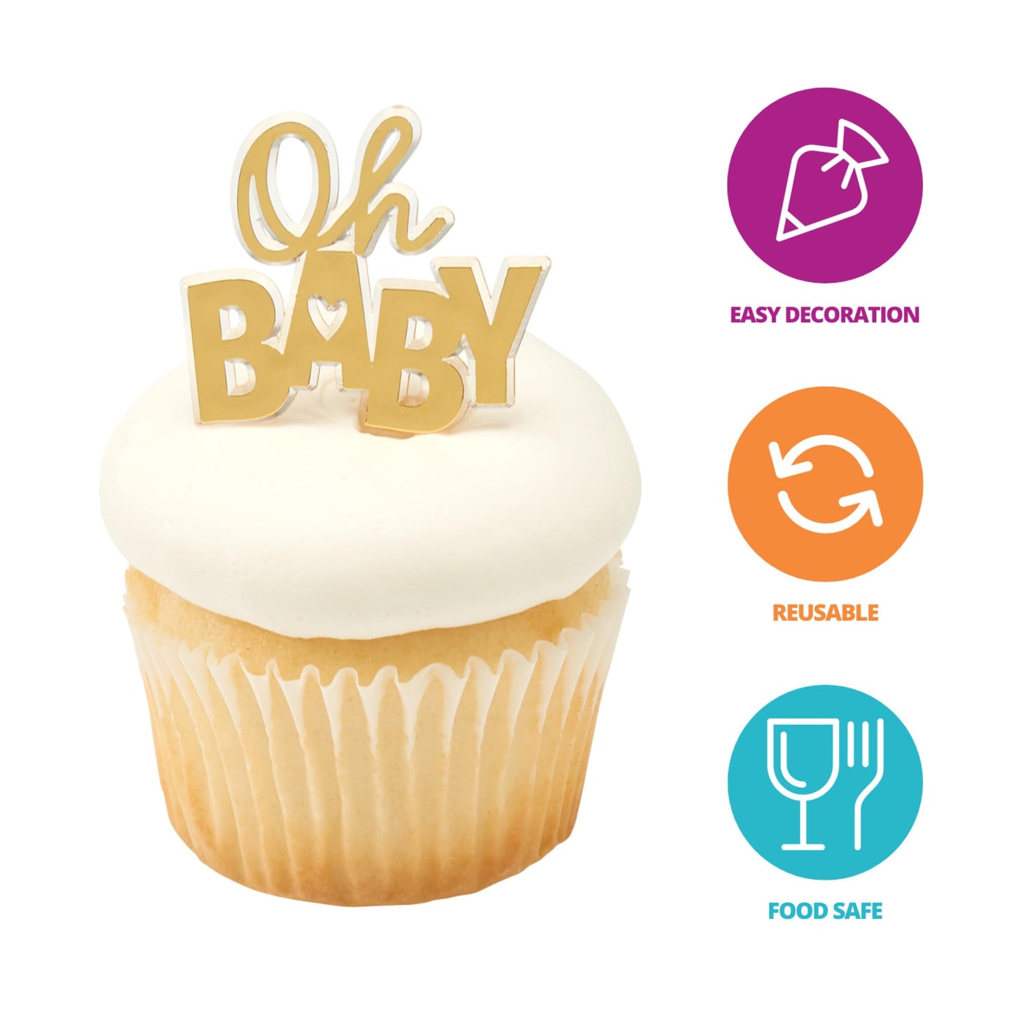 Oh Baby Cake Toppers, 24 Gold Cupcake Decorations, Cupcake Pics For Baby Shower, Birthday, Gender Reveal, Celebration - 24 Pack
