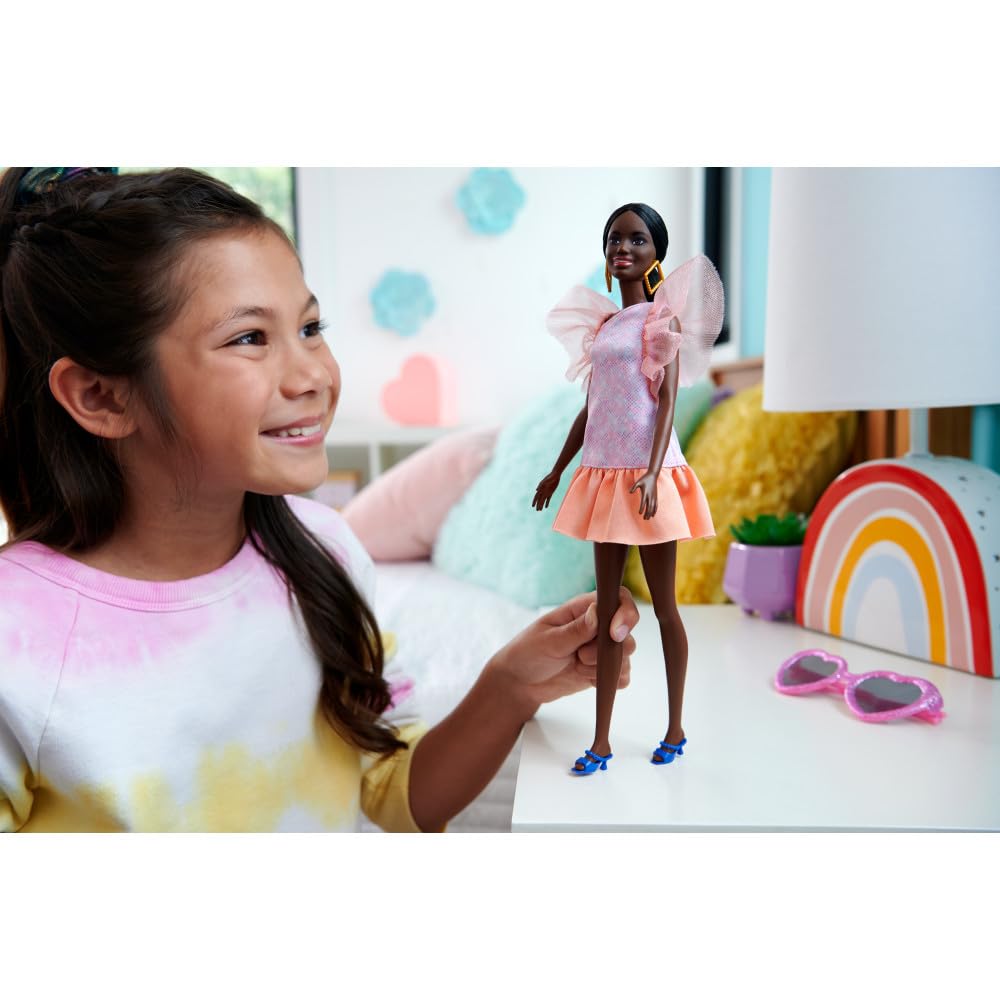 Barbie Fashionistas Doll #216 with Tall Body & Black Hair in Low Ponytail in Pink & Peach Party Dress, 65th Anniversary Collectible Toy