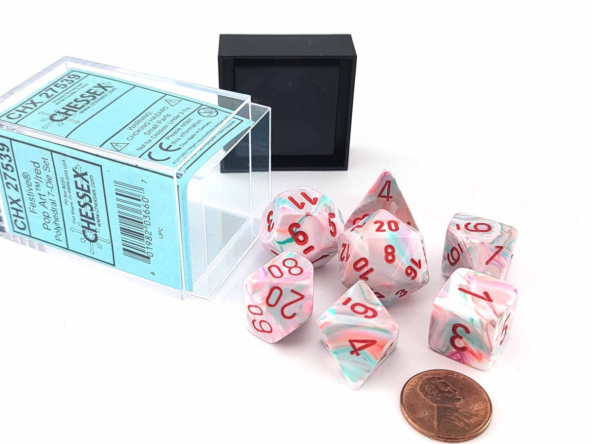 DND Dice Set - Chessex D&D Dice-16mm Festive: Pop Art & Red Limited Edition Plastic Polyhedral Dice Set-Dungeons and Dragons Dice Includes 7 Dice - D4