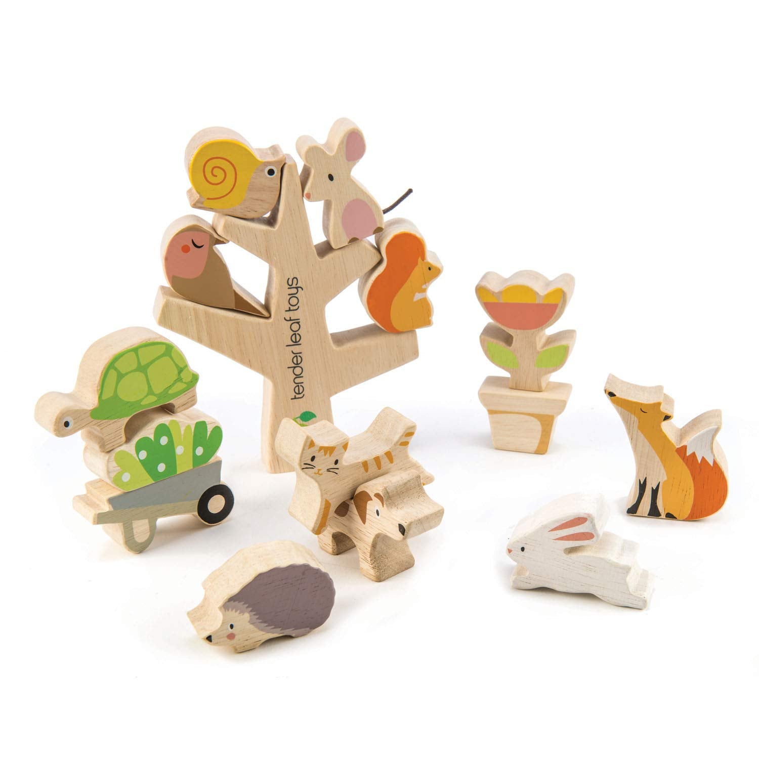 Tender Leaf Toys - Stacking Garden Friends - 14 Pcs Wooden Stacking & Balancing Toy & Educational Game with Free Travel Bag