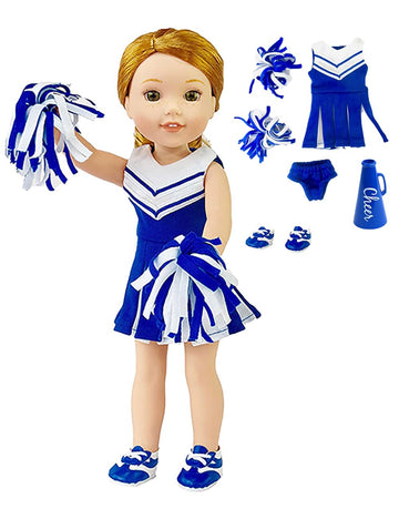 American Fashion World Blue Cheerleader Outfit for 14.5 Inch Dolls - Includes Dress, Underwear, Sneakers, Pom Poms & Megaphone