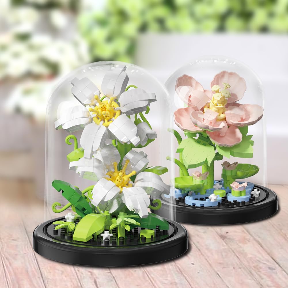 Sofray Hibiscus Flower Bouquet Building Set with Display Case - Valentine's, 2 Kinds of Micro Bricks Artificial Flowers, Creative Anniversary Birthday