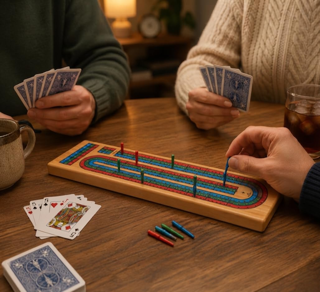 Wooden 3 Track Cribbage Board with 9 Matching Plastic Pegs, Classic Three-Player Cribbage Game Board with Screen Printed Red, Green and Blue Tracks