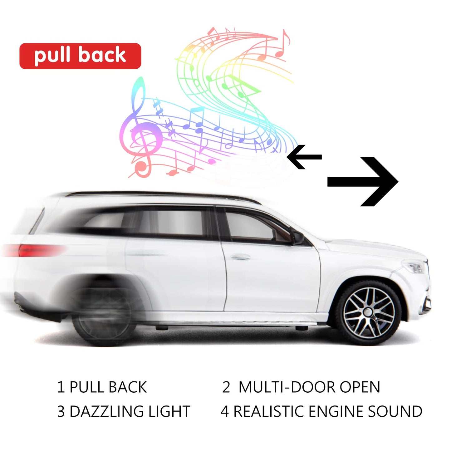 WAKAKAC 1/24 GLS63 AMG Model Car,Zinc Alloy Diecast Toy Car Pull Back with Light and Sound Toy Vehicle Door Can Be Opened (White)