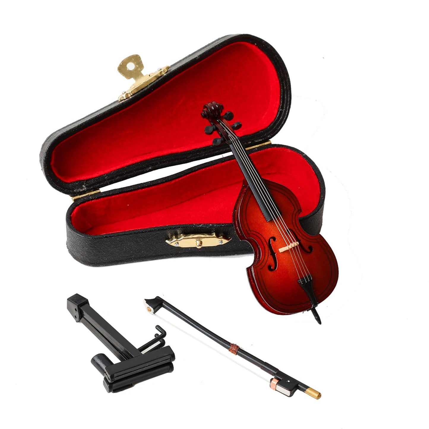 Dselvgvu Wooden Miniature Double Bass with Stand, Bow and Case Mini Musical Instrument Contrabass Replica Collectible Figurines Upright Bass Model