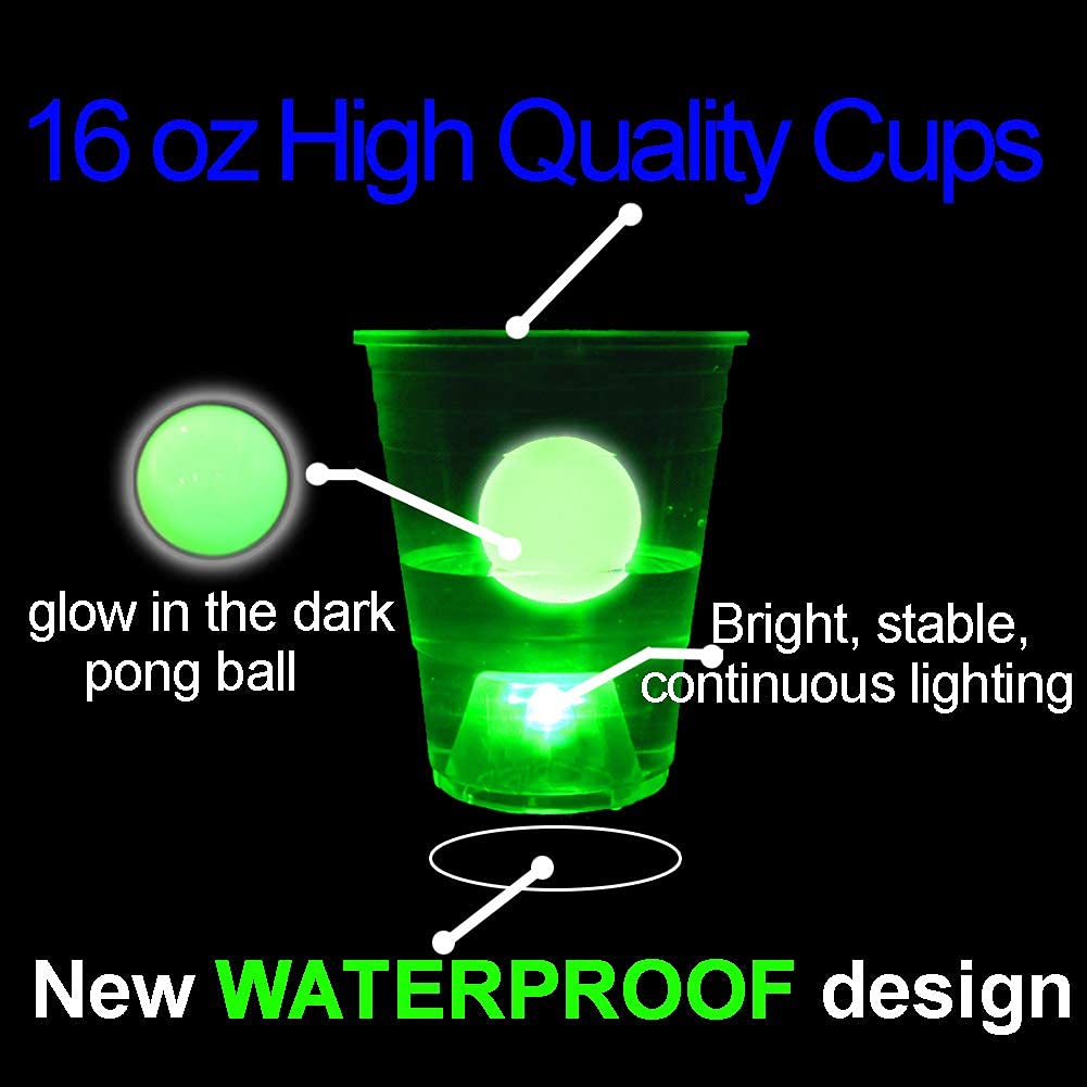 Glow in the Dark Beer Pong Set, Party Games for Beer Pong Table, 22 Light up Cups (5 Colors), 6 Glow Balls, 22 LED Lights, Storage Bag, Night Games
