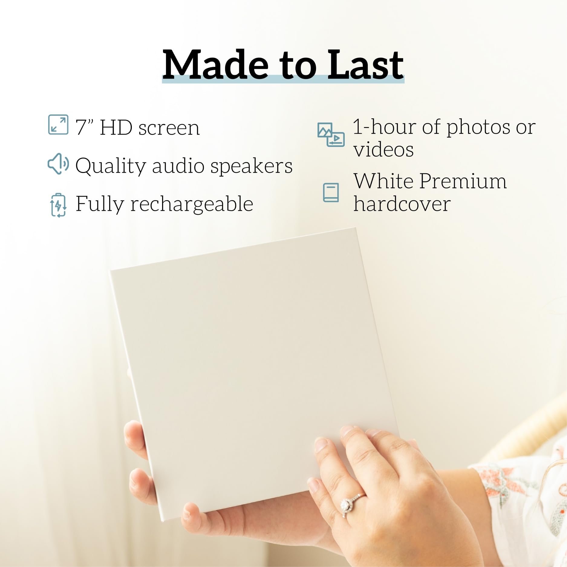Heirloom Video Book - 7" HD Screen for Custom Memory Gift - Wedding Birthday Anniversary Mother's Day - 1 Hour Video Photo Keepsake - USB Rechargeable