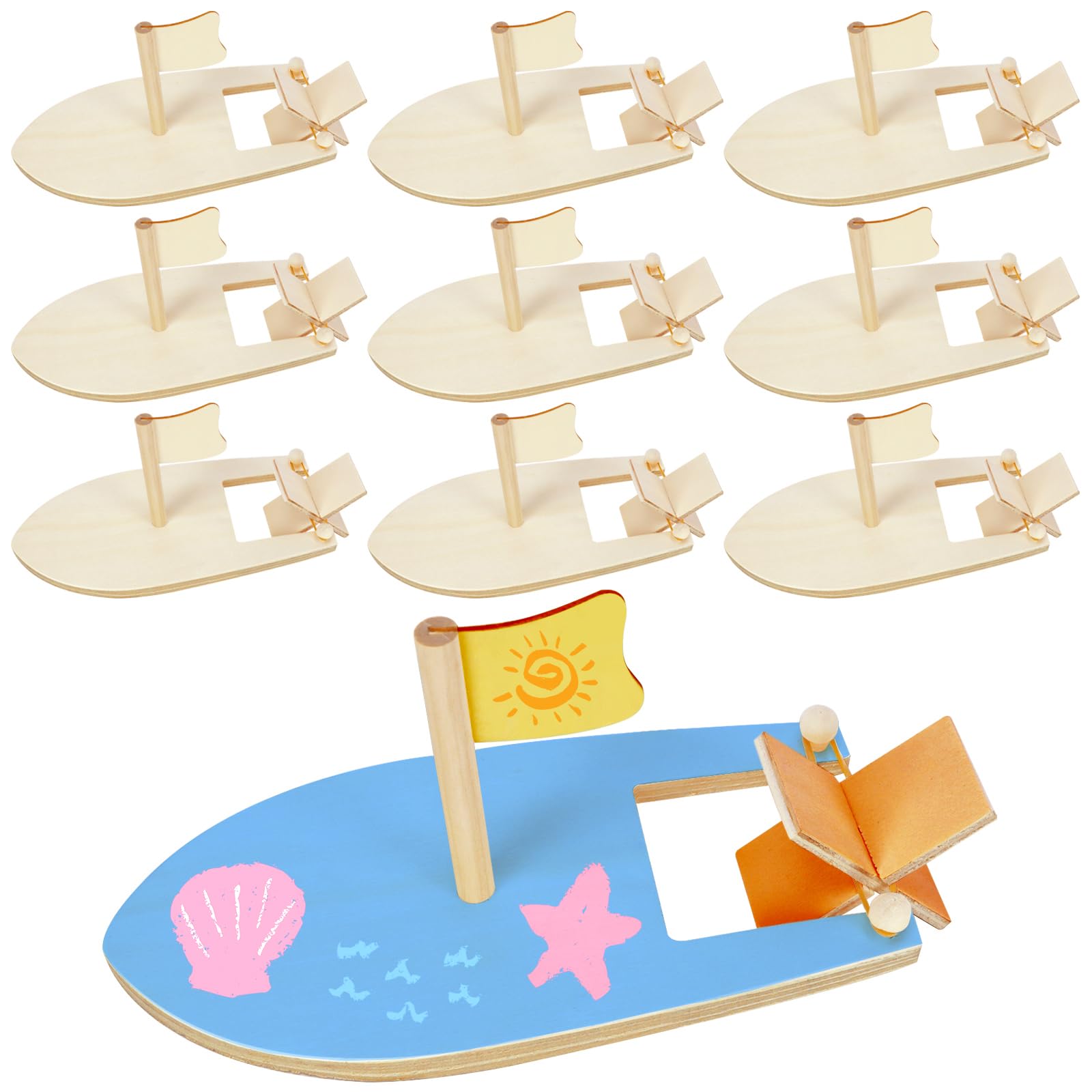Amersumer 10 Pcs DIY Toy Wood Boat Craft Kits, Mini Wooden Sailboat Kits, Paddle Boats Paint and Decorate for School Projects, Make Your Own Sailboat