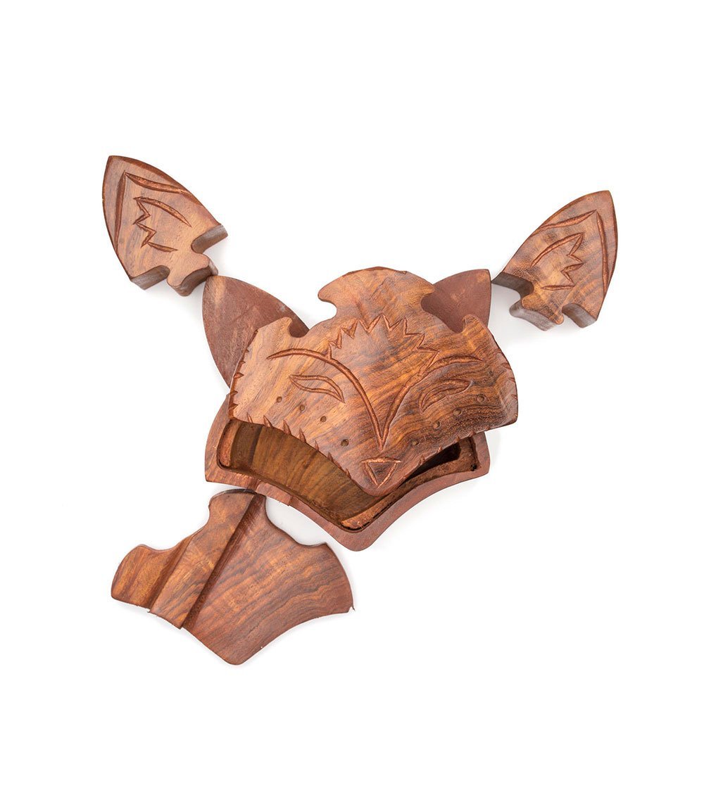Matr Boomie, Hand Carved Solid Wood Fox Puzzle Box/Jewelry Box/Brain Teaser with Secret Compartment