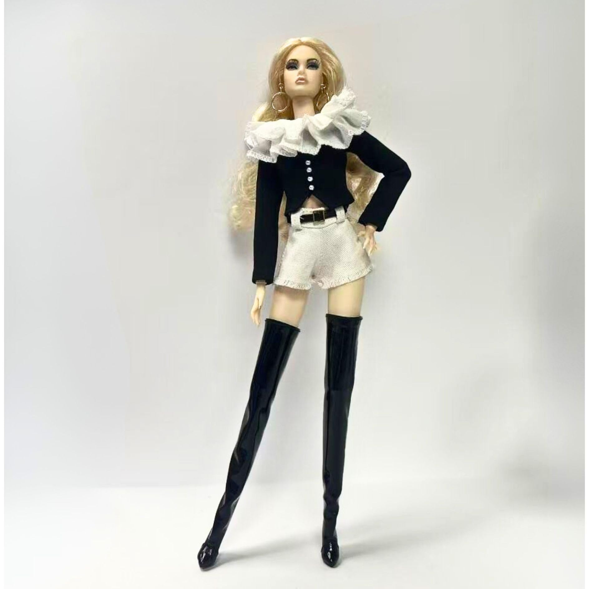 1/6 Scale Miniature Outfit Set, Black Long Sleeve Top with White Shorts