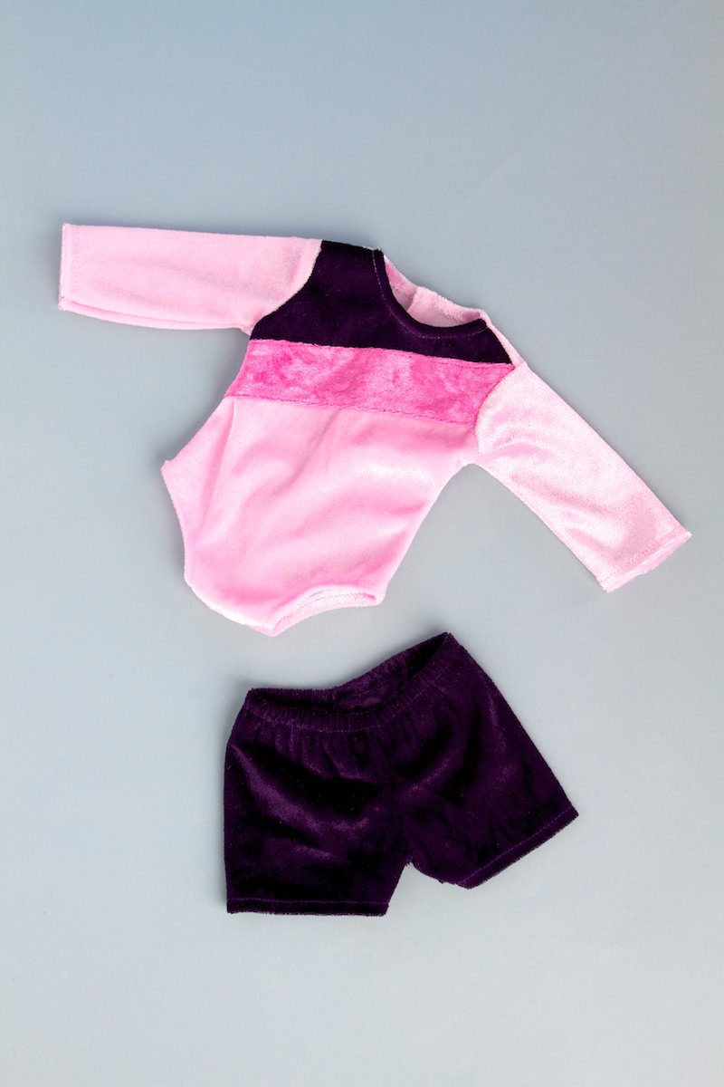 Little Gymnast - 2 Piece Outfit - Pink and Purple Gymnastic Leotard with Shorts - 18 inch Doll Clothes (Dolls not Included)