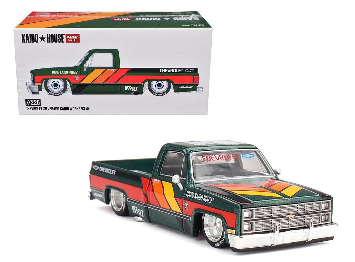MINI GT Pickup Truck Kaido Works V3 Dark Green Metallic with Graphics (Designed by Jun Imai) Kaido House Special 1/64 Diecast Model Car KHMG226