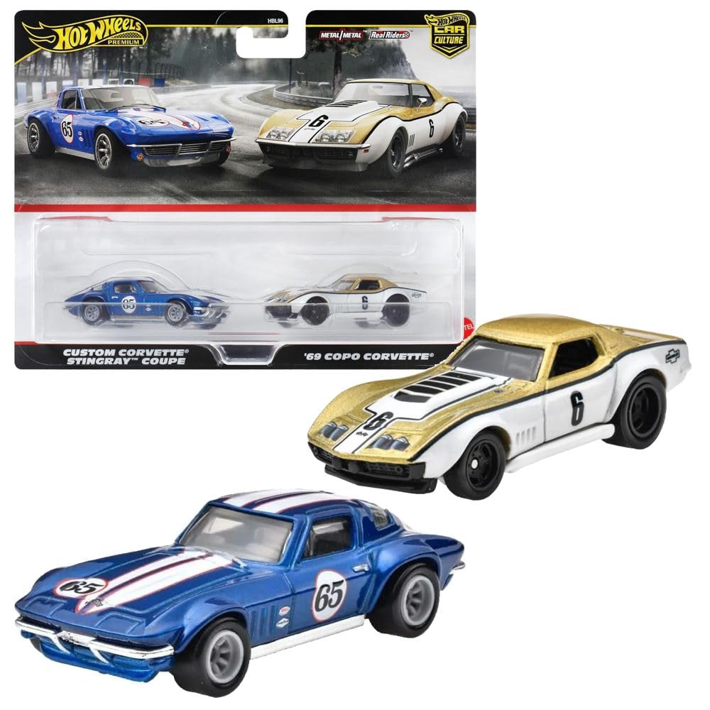 Mattel Hot Wheels HRR80 Premium 2 Pack '69 COPO Corvette/Custom Corvette Stingray Coupe Vehicle Toy Mini Car 3 Years Old Blue