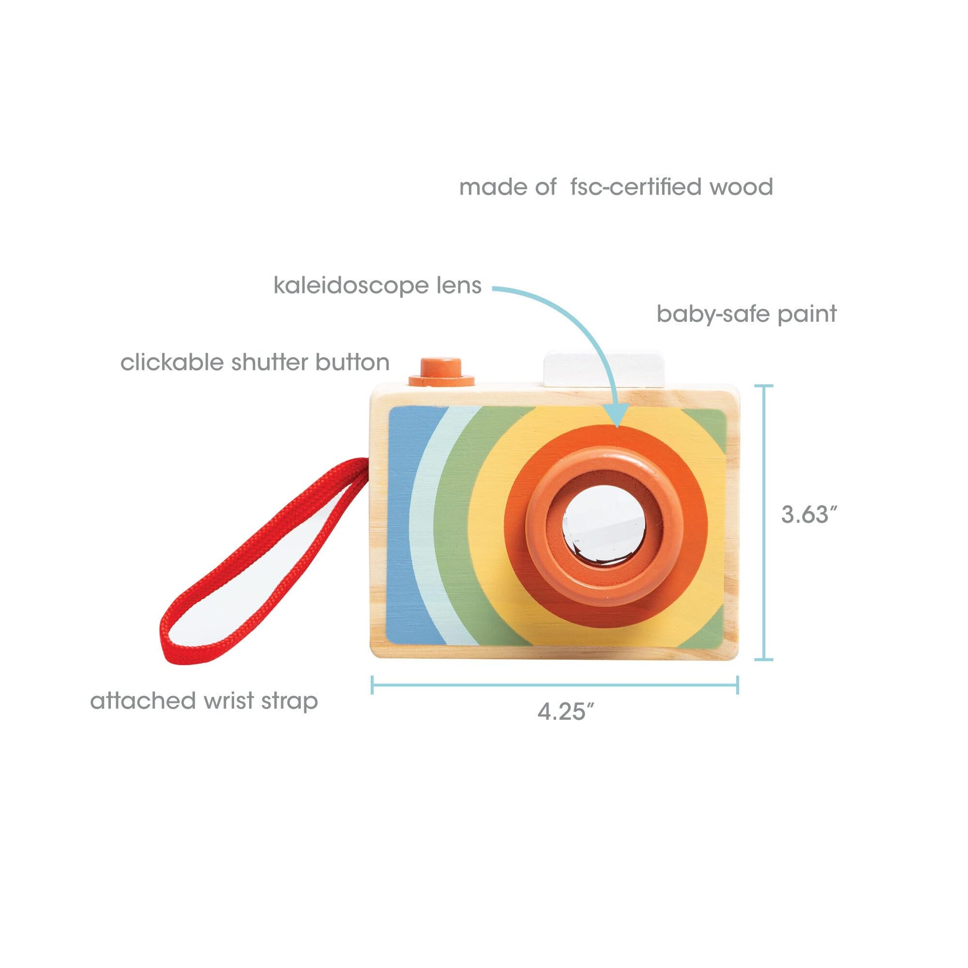 Pearhead Wooden Kaleidoscope Camera Toy, Montessori Pretend Play Camera with Click Button and Soft Strap, Creative Learning Toy for Toddlers 12m+
