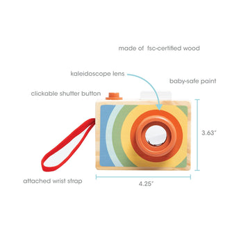 Pearhead Wooden Kaleidoscope Camera Toy, Montessori Pretend Play Camera with Click Button and Soft Strap, Creative Learning Toy for Toddlers 12m+