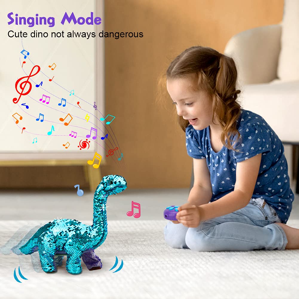 Koonie Dinosaur Toys for Girls, 2 Year Old Girl Toys, Purple Dinosaur Remote Control Reversible Sequins Dinosaur Toy Can Repeat Walk Roar Sing