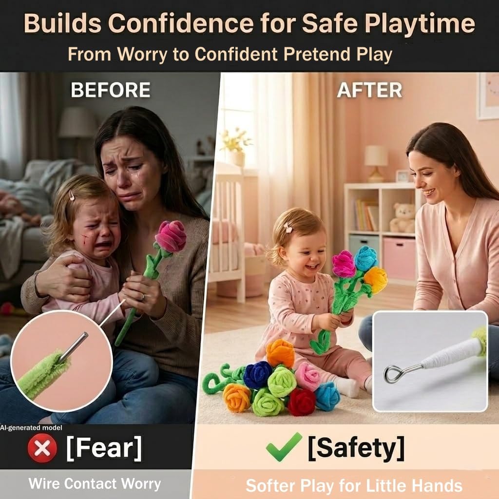 Tplay Rose Flower Plush for Toddlers: Bendable 0-Poke Encased Stems - Safe Worry-Free Play Toy - 15lbs Tear-Resistant Stuffed Bouquet Girl Gift 2-5