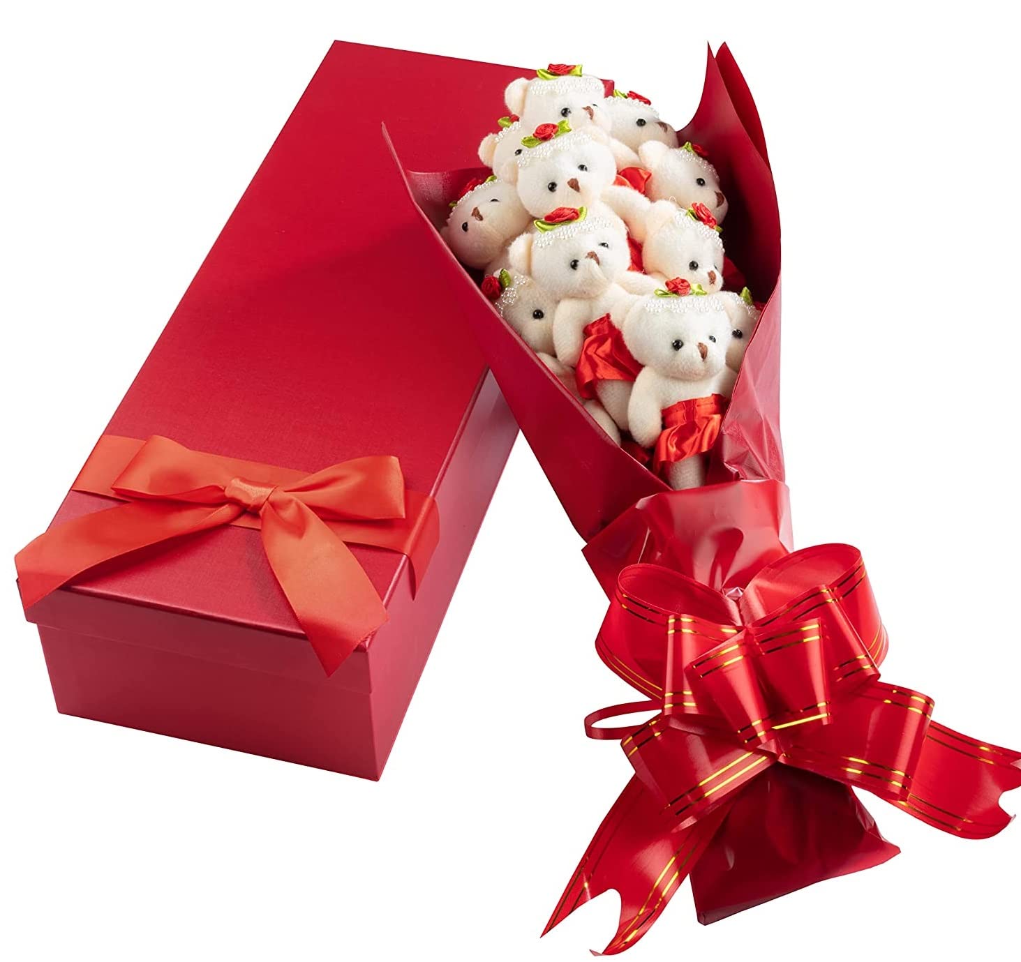 Deluxe Red Love Bear Bouquet - One Dozen Long Stemmed Roses w Plush Bears in Tutus - Gift Box w Bow - Forever Flower Bouquet of 12 Cute Teddys