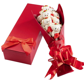 Deluxe Red Love Bear Bouquet - One Dozen Long Stemmed Roses w Plush Bears in Tutus - Gift Box w Bow - Forever Flower Bouquet of 12 Cute Teddys