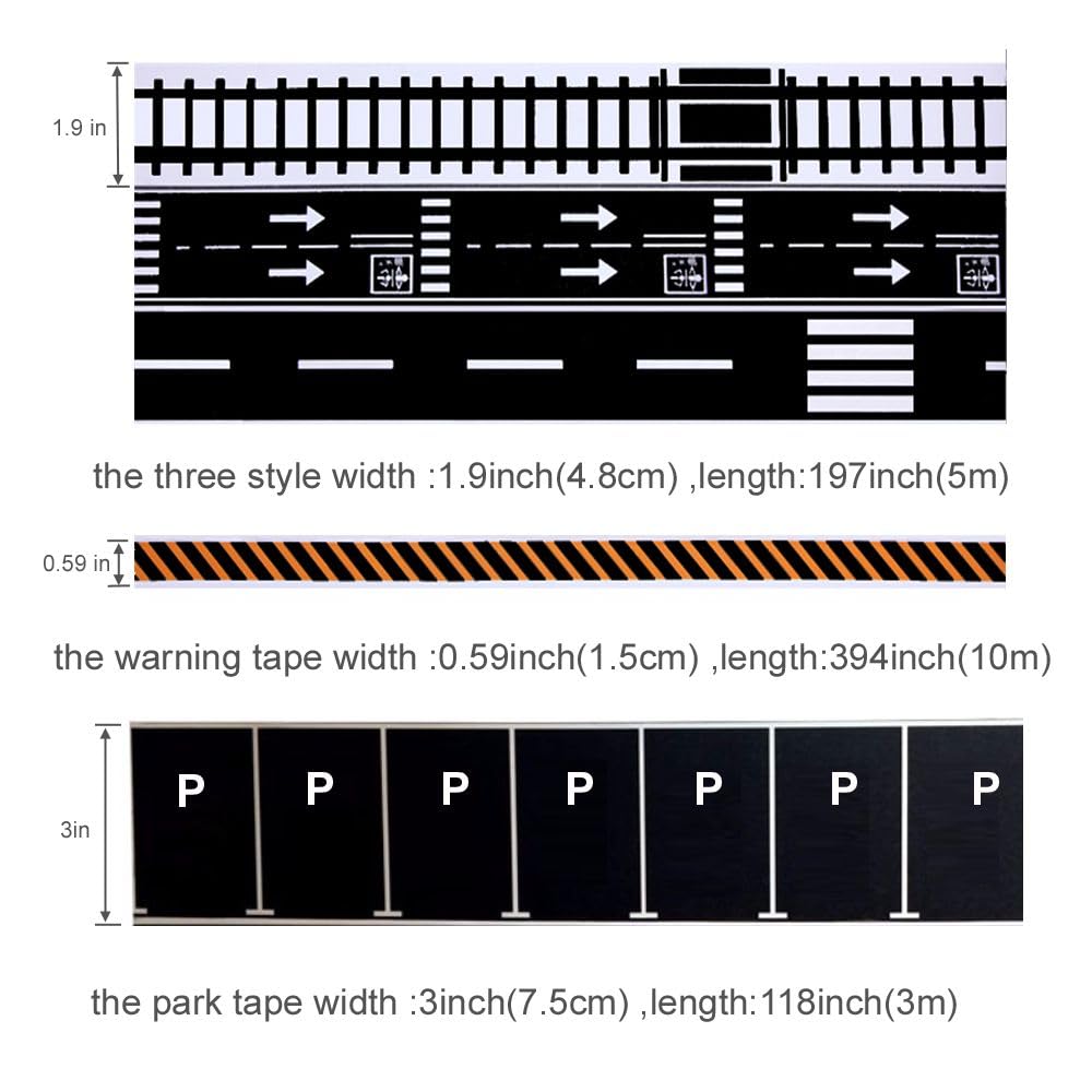 Road Tape for Toy Cars & Trains Black Track 3 Rolls Road Tape 197 inch by 1.9 inch, Packing Traffic Signs Stick to Floors and Walls, Quick Cleanup
