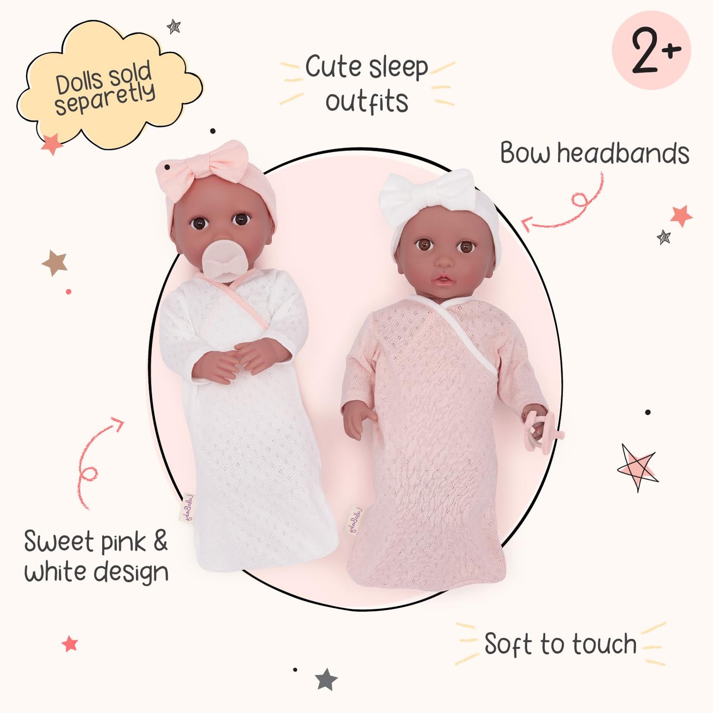 LullaBaby - 14-Inch Baby Doll Clothing Set - Blanket Sleepers - Pacifier Accessories - Pretend Play 2+ Years- Baby Doll Sleep Sacks Outfit
