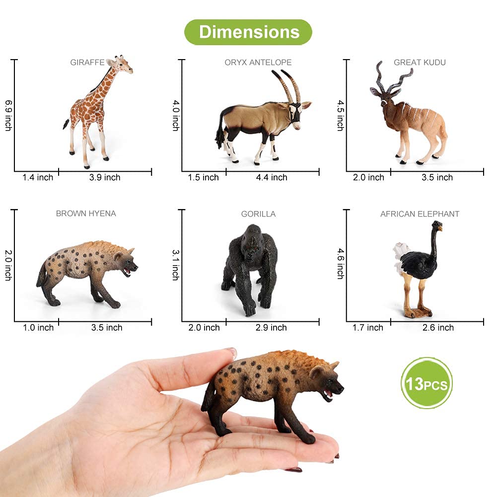 Volnau Safari Animal Figurines Toys 13PCS Africa Figures for Kids Toddlers Christmas Decoration Gift Preschool Educational Zoo Pack Lion Jungle Forest