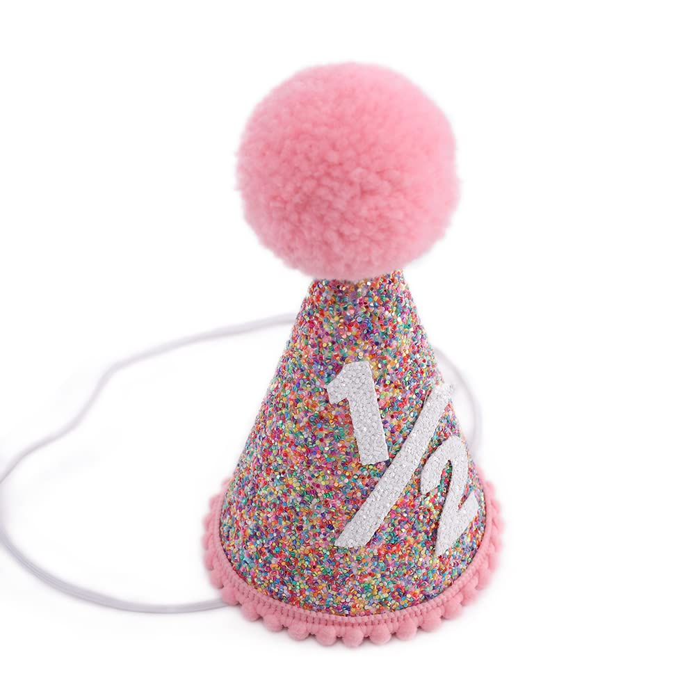 SYESQL Half Birthday Rainbow Cone Hat - Glitter Half Hats Pink,6 Months Party Decor (1/2 Rainbow Hat)