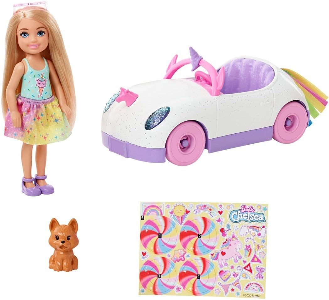 Barbie Chelsea Toy Car Set with Unicorn Theme, Blonde Small Doll in Removable Skirt, Pet Puppy, Sticker Sheet & Accessories