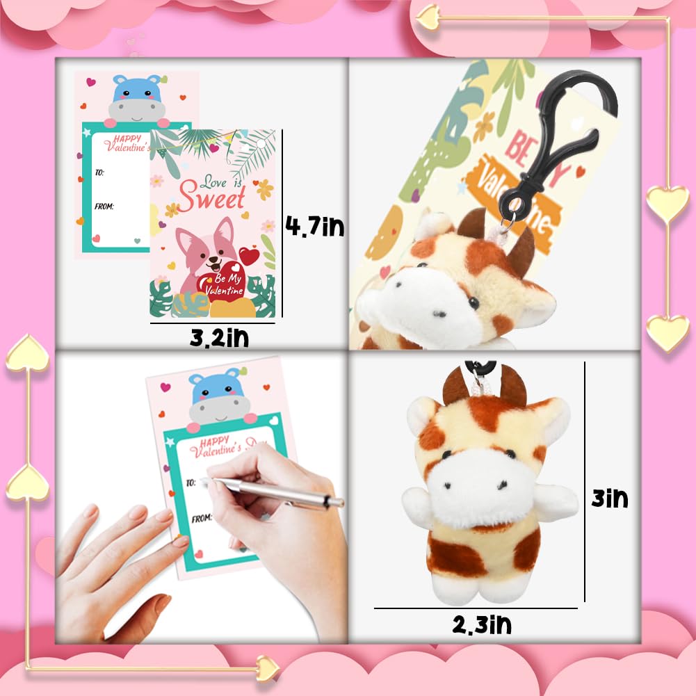 24PCS Valentines Day Cards with Small Stuffed Animals Plush Toys Set, Little Mini Stuffed Animal Keychain Valentine Exchange Cards for Kids Classroom