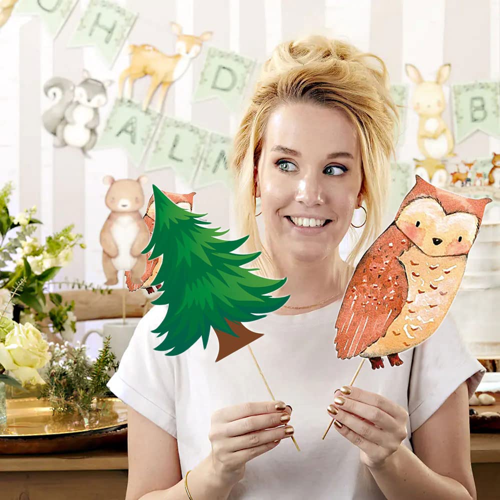 yuuzue 24pcs Woodland Animals Cake Topper, Baby Shower Decorations, Double-Sided Printed Forest Friends Centerpiece Sticks for Wild One Camping Party