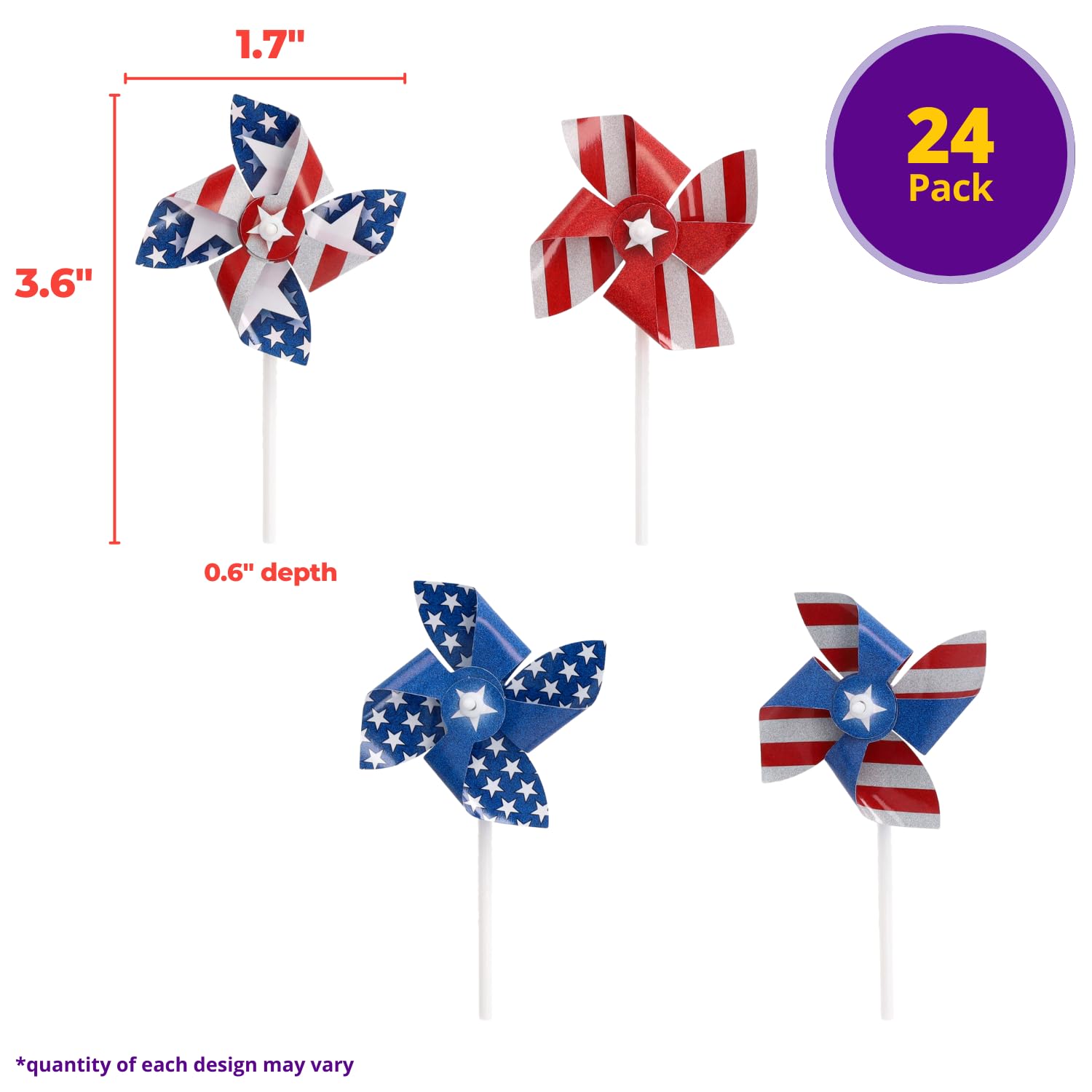 24 x Red, White, Blue Cupcake Toppers By DecoPac, Spinning Pinwheel Decorations, Patriotic Food Safe 4th July Party Decorations - 24 Pack