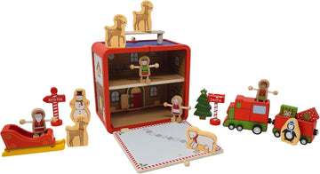 Jack Rabbit Creations 16-Piece Santa's Workshop Suitcase Playset - Santa, Elves, Reindeer & Snowman - FSC Bamboo, Eco-Friendly Toddler, Ages 3+