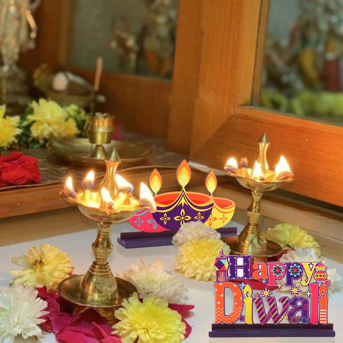 3 Pack Diwali Table Decorations Deepawali Wooden Centerpieces Happy Diwali Wooden Sign for Traditional Indian Hindu Festival of Lights Party Supplies