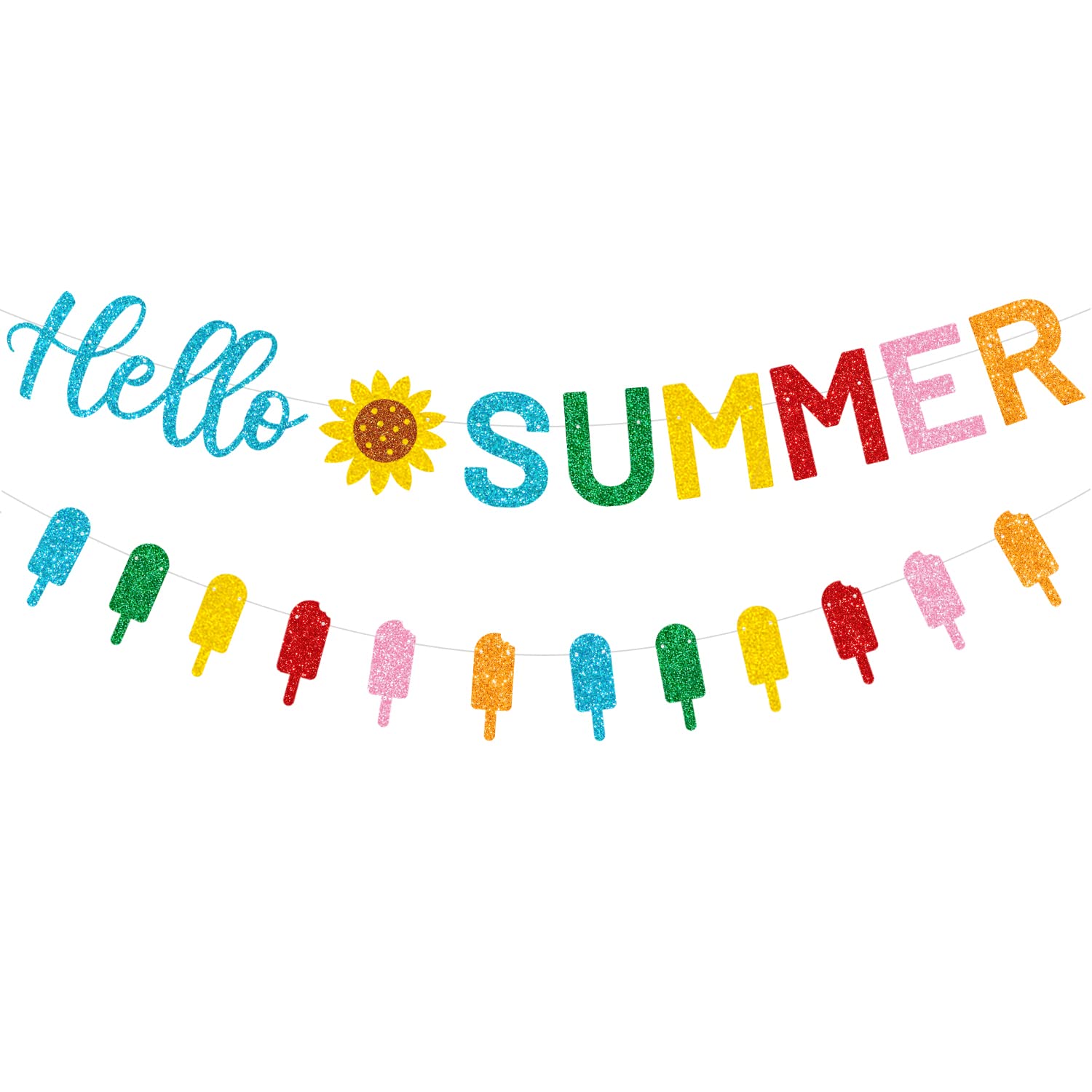 CAVLA Glitter Hello Summer Banner with Sunflower Signs and Colorful Glittery Popsicle Banner Hello Summer Ice Cream Garland Banner Summer Birthday