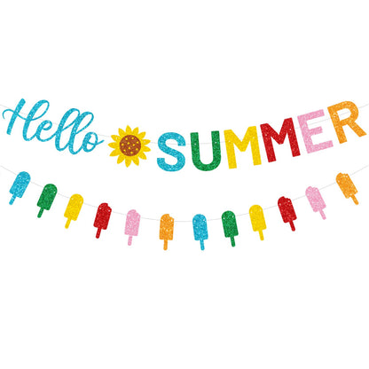 CAVLA Glitter Hello Summer Banner with Sunflower Signs and Colorful Glittery Popsicle Banner Hello Summer Ice Cream Garland Banner Summer Birthday