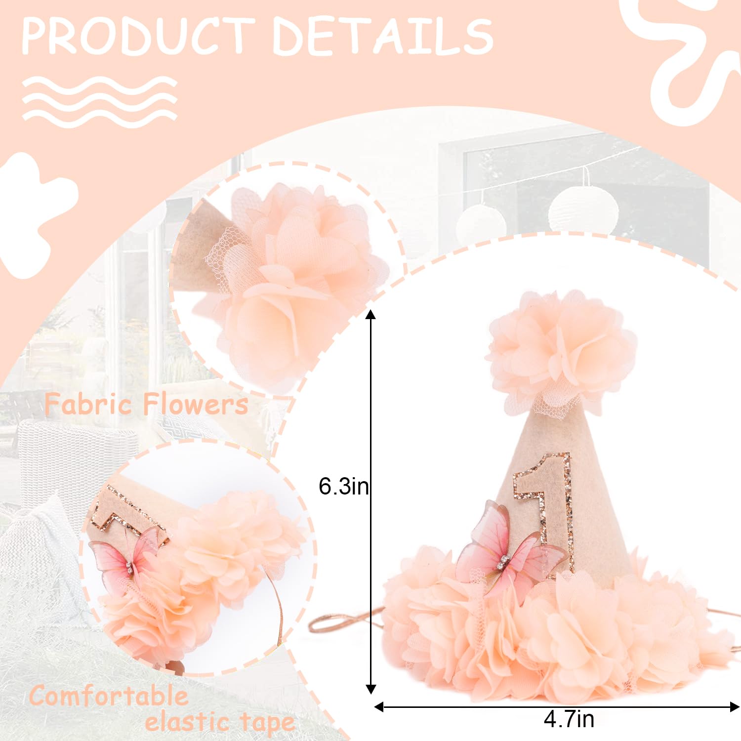 MADENG Rose First Birthday Hat - 1st Birthday Party Decoration, Pink Butterfly 1st Birthday Hat, Flowers 1st Birthday Crown, Cake Crush Champagne Gold