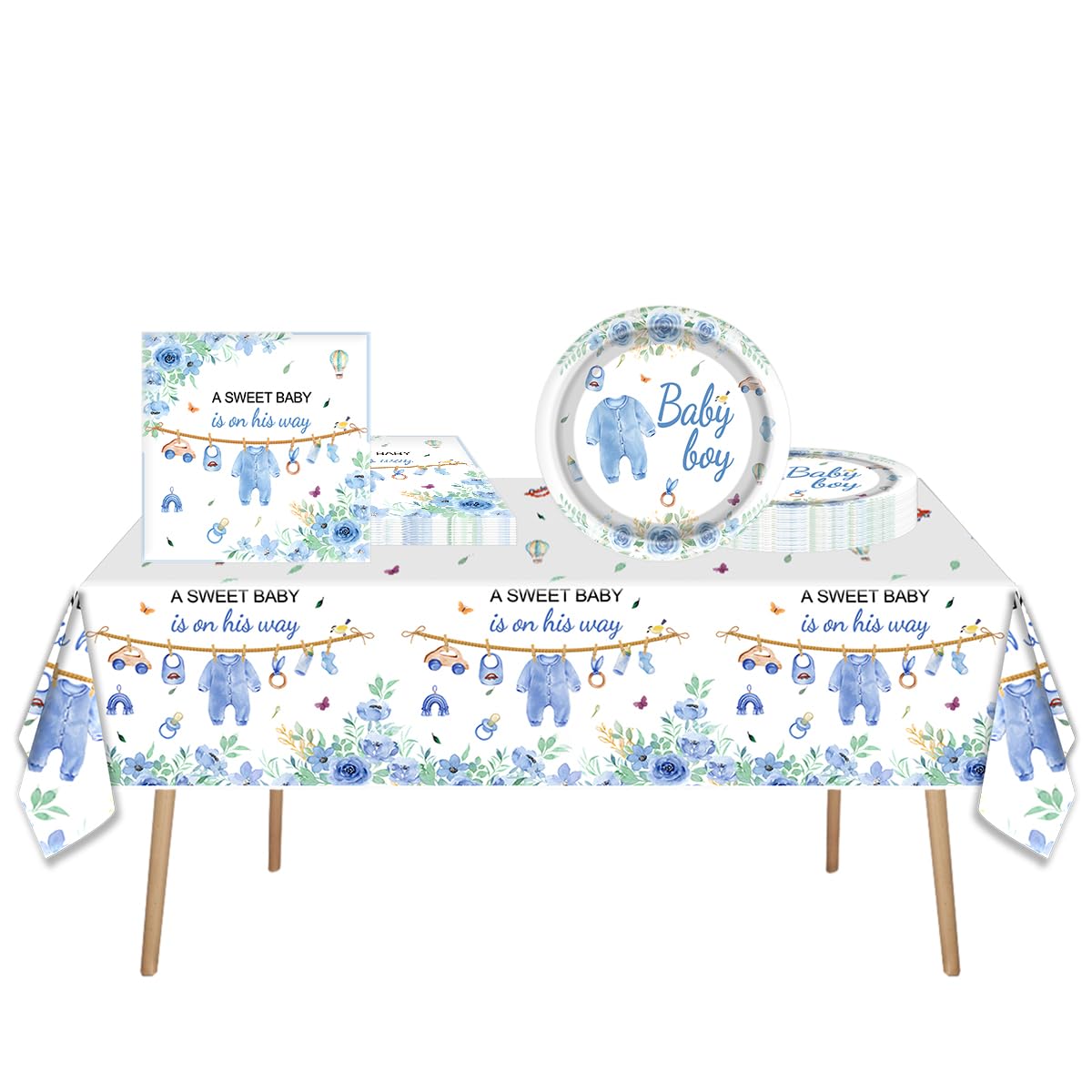 Blue Baby Boy Shower Birthday Tableware Set, 20 Disposable Plates and 20Napkins 1pcs Tablecloth, for Baby Boy Baby Shower Decorations (Blue)