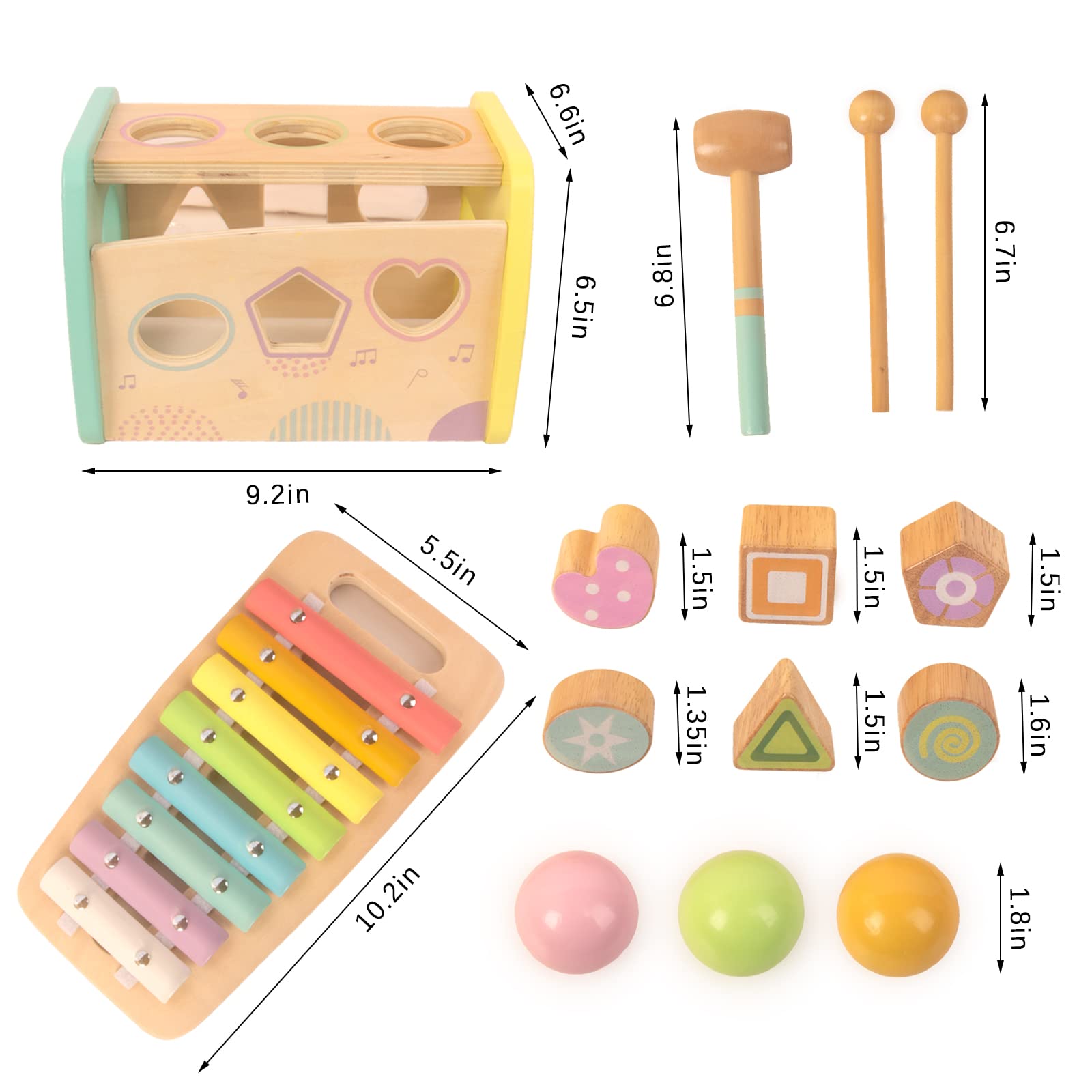WOODENFUN Hammering Pounding Toys Wooden Educational Toy Xylophone Shape Sorter, Birthday Gift for 3 Years Boys Girls Baby Toddler Kids Developmental