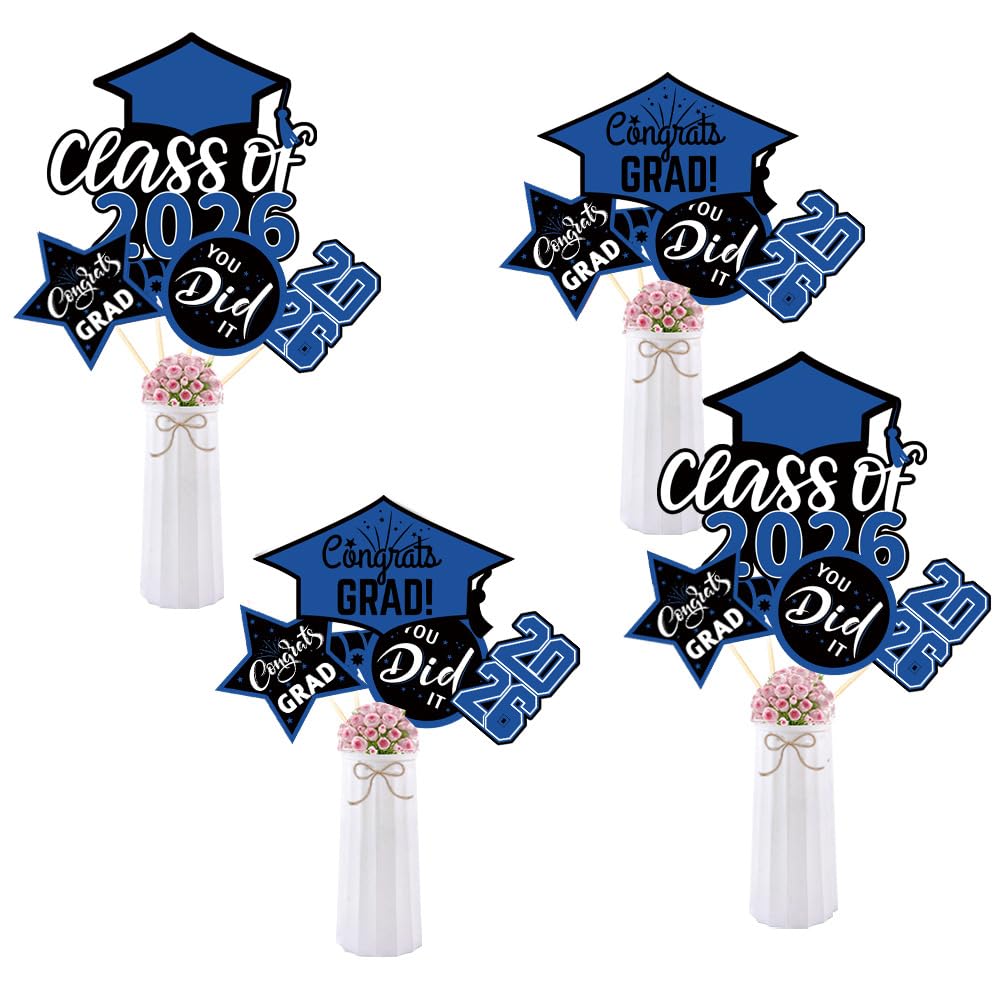 20 Pcs Blue Black Class of 2026 Congrats Grad Table Centerpieces Sticks for Graduation Party Decorations Congrats Decorations