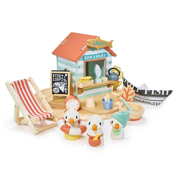 Tender Leaf Toys - Sandy’s Beach Hut - Wooden Toy Seagull Family with Fish and Chips Beach Hut and Accessories - Imaginative Play Set - Develop
