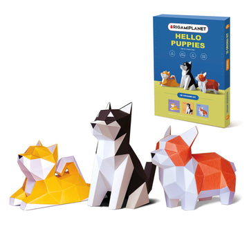 ORIGAMIPLANET Hello Puppies 3D Origami Paper Craft Gift Set- 3 pcs, Husky/Corgi/Shiba Inu Pre-Cut Origami Kit, Cute Animal Paper Sculpture for Teens