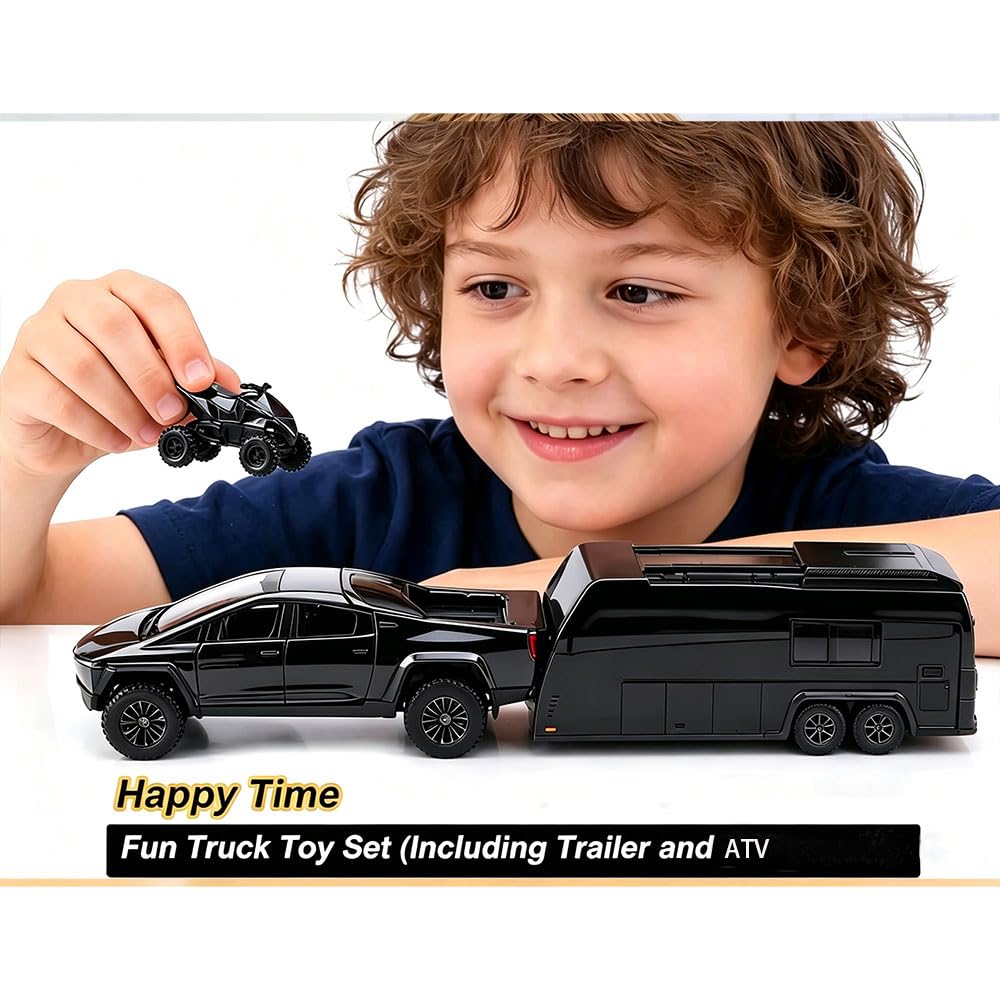 RCOOS Alloy Toy Truck Set with Trailer and ATV Toy Race Car with Sound Light Effect RV Set Pull Back Car for Kid Ideal Gift Age 3+ Metal Vehicle