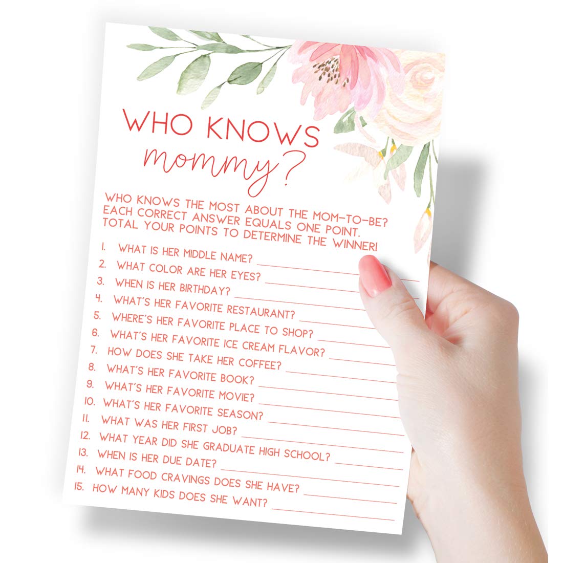 Printed Party Baby Shower Games - Who Knows Mommy Best Game for Girl, Baby in Bloom Floral Theme, 50 Cards