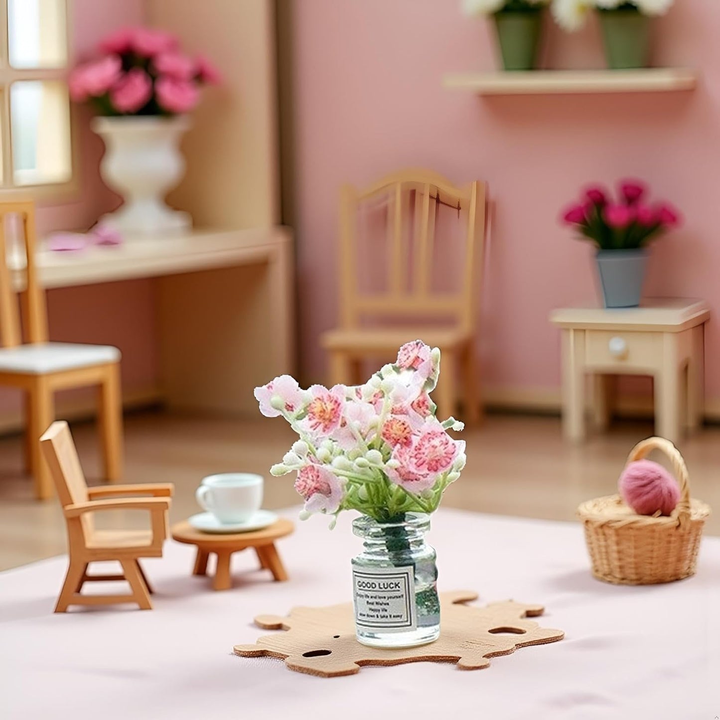 2 Pcs Pink Miniature Flowers in Vase Set - 1:6 Scale Dollhouse Décor with Realistic Details, Tiny Floral Arrangements for Micro Landscape, Train