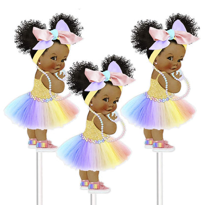 Rainbow Girl African American Centerpieces Table Party Decoration, Toppers Girl with Big Head Bow