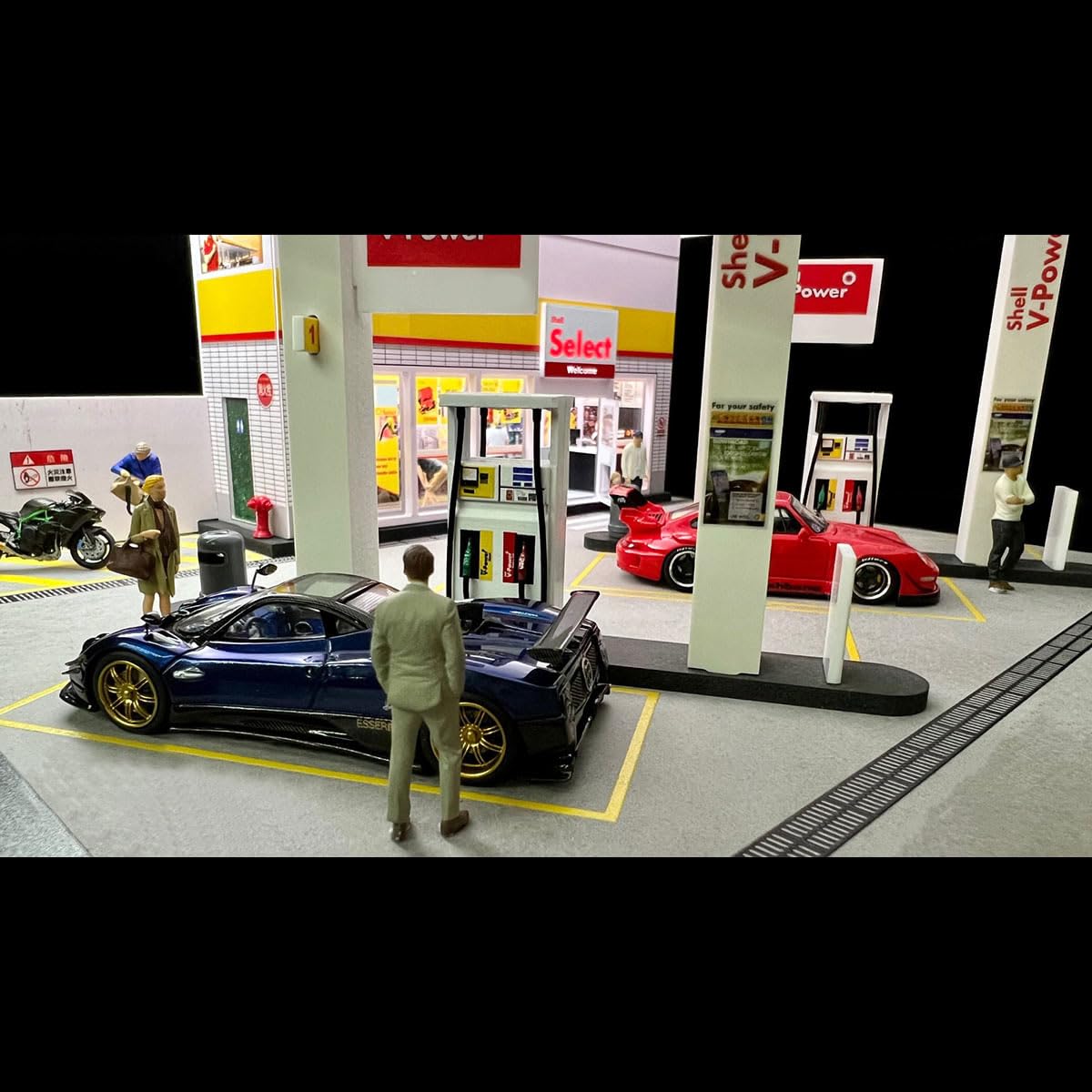 Heligotech 1/64 Scale Gas Station Scene Model, DIY Building Diorama Model Station Building Sets with LED Lights, Creative (Cars & Figures not