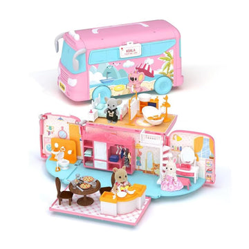 MITCIEN Dollhouse Playset, DIY Pretend Portable Caravan Camper Bus Toy Kit with Little Critters Bunny Dolls Mini Cottage House Set Camping Family Toys