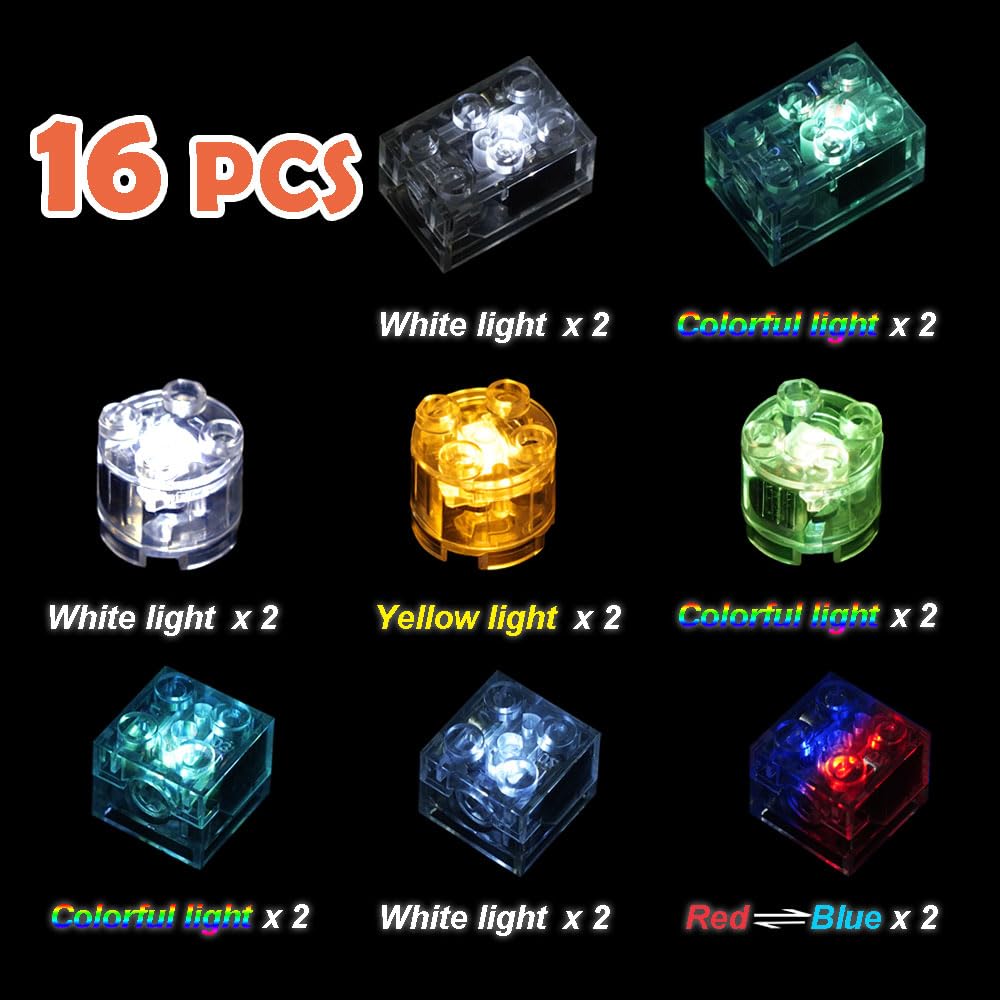 Pasacho Lights Bricks Accessories, LED Light Up Kit Brick Sets, 16pcs Classic Transparent 2x2 2x3 Building Blocks Toys, Compatible with All Major