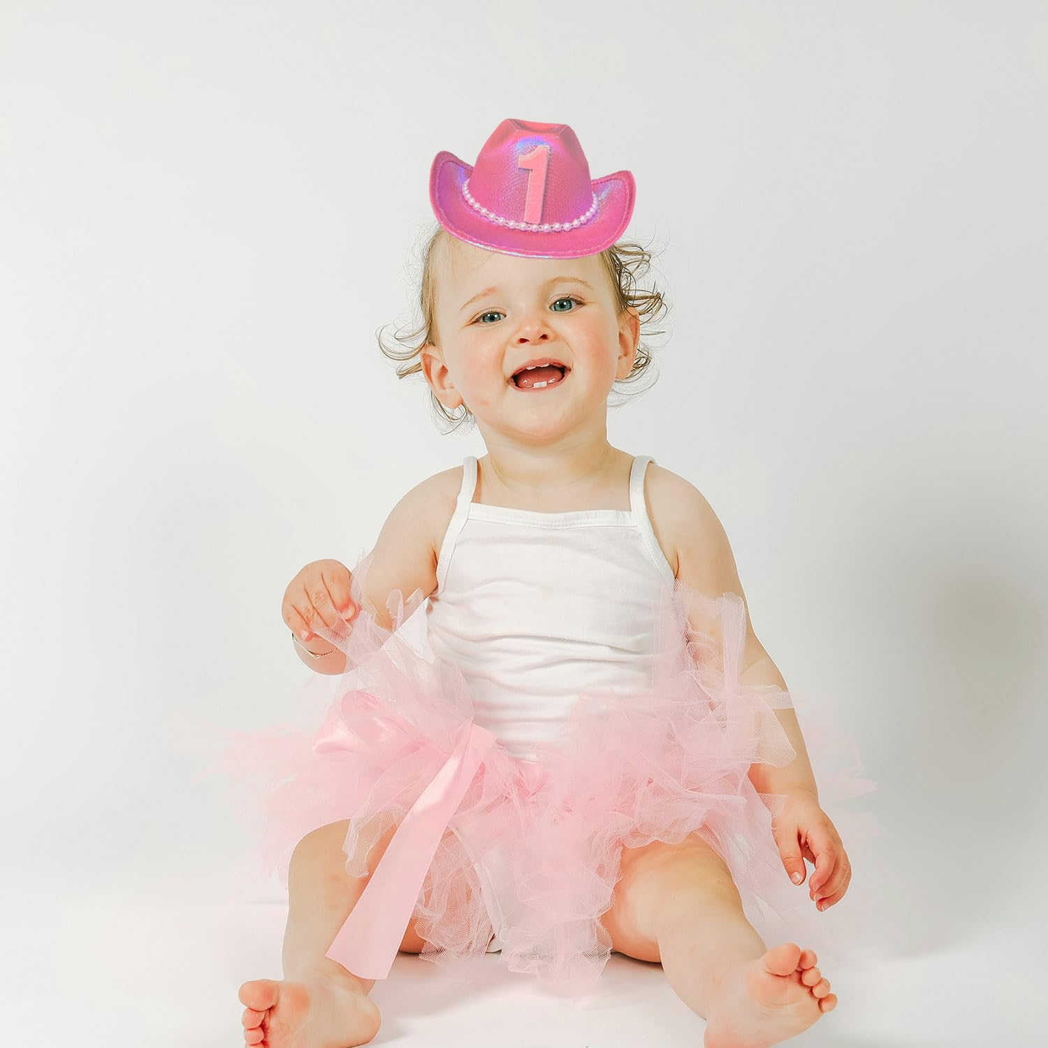 1st Birthday Cowboy Hat, Pink Girls Cowgirl Party Decorations Hat Neon Sparkly Glitter First Rodeo Birthday Party Crown for Western Baby Toddler Party