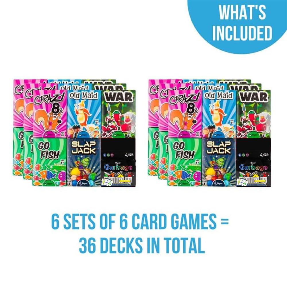 Regal Games Card Games for Kids - Go Fish, Crazy 8's, Old Maid, Slap Jack, Garbage Monsters, War - Simple & Fun Classic Family Table Game Sets (6 x 6)